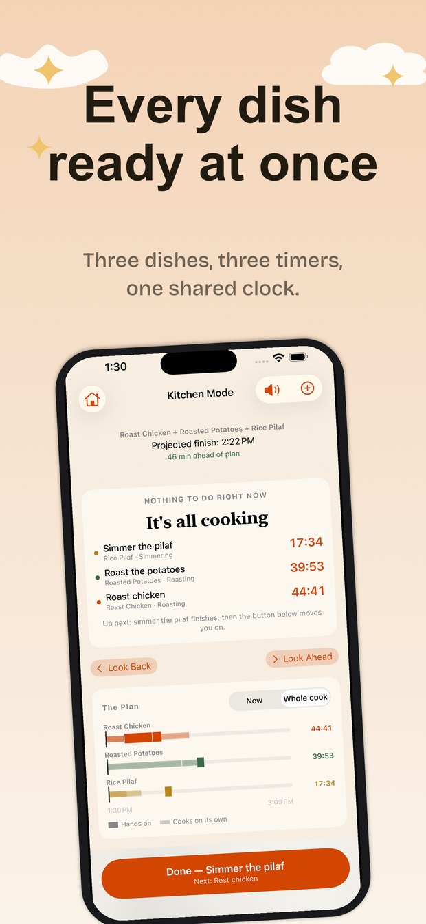 Three dishes cooking at once, each with its own countdown, on one shared timeline